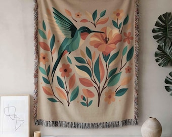 Hummingbird Woven Cotton Blanket: Cottagecore Throw, Wall Tapestry