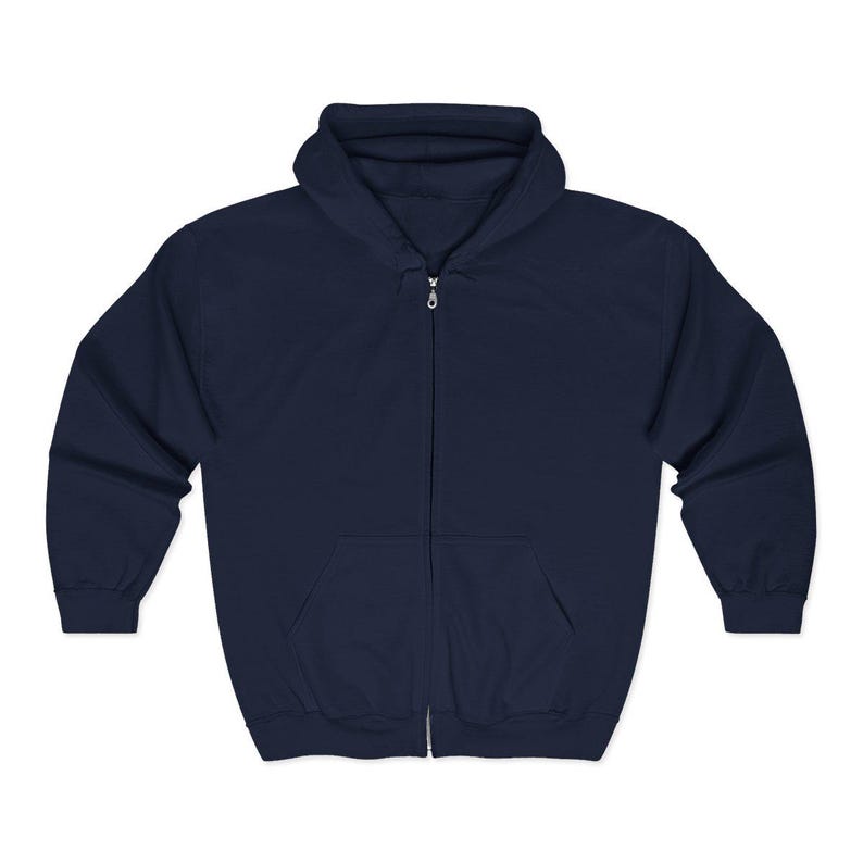 May include: A navy blue zip-up hoodie with a hood and a front pocket. The hoodie has a full-length zipper and long sleeves. The fabric appears to be a soft, comfortable material.