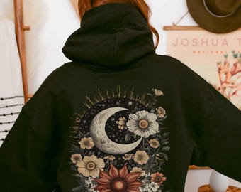 Celestial Moon & Flowers Hoodie - Witchy Cottagecore Aesthetic