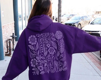 Wildflowers Hoodie Purple Hoodie Forest Green Hoodie Dark Green Hoodie Pressed Flowers Hoodie Nature Hoodie Cottage Core Hoodie