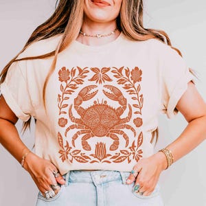 Crab Shirt Art Shirt Fisherman Aesthetic Linocut Shirt Block Print Shirt Fish Shirt Nature Shirt Folk Art Shirt Graphic Shirt Oceancore