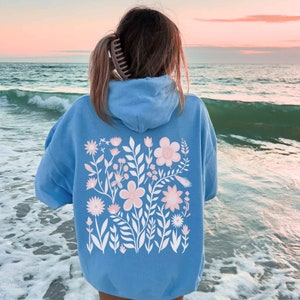 Moletom com capuz Ocean Beach, estampa floral, estilo preppy, com capuz praiano, presentes para adolescentes, estilo inspirado no oceano, com capuz pastel, roupa Mermaidcore