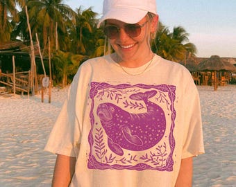 Manatee Shirt Linocut Shirt Ocean Inspired Style Block Print Shirt Comfortcolors Sirencore Shirt Mermaidcore Clothing Ocean Animal Shirt