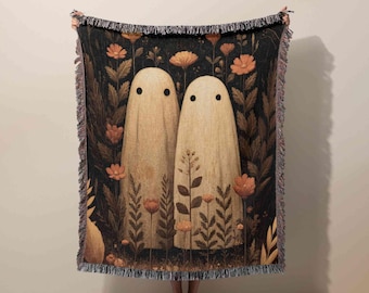 Halloween Woven Cotton Throw Blanket: Whimsigoth Ghost Tapestry