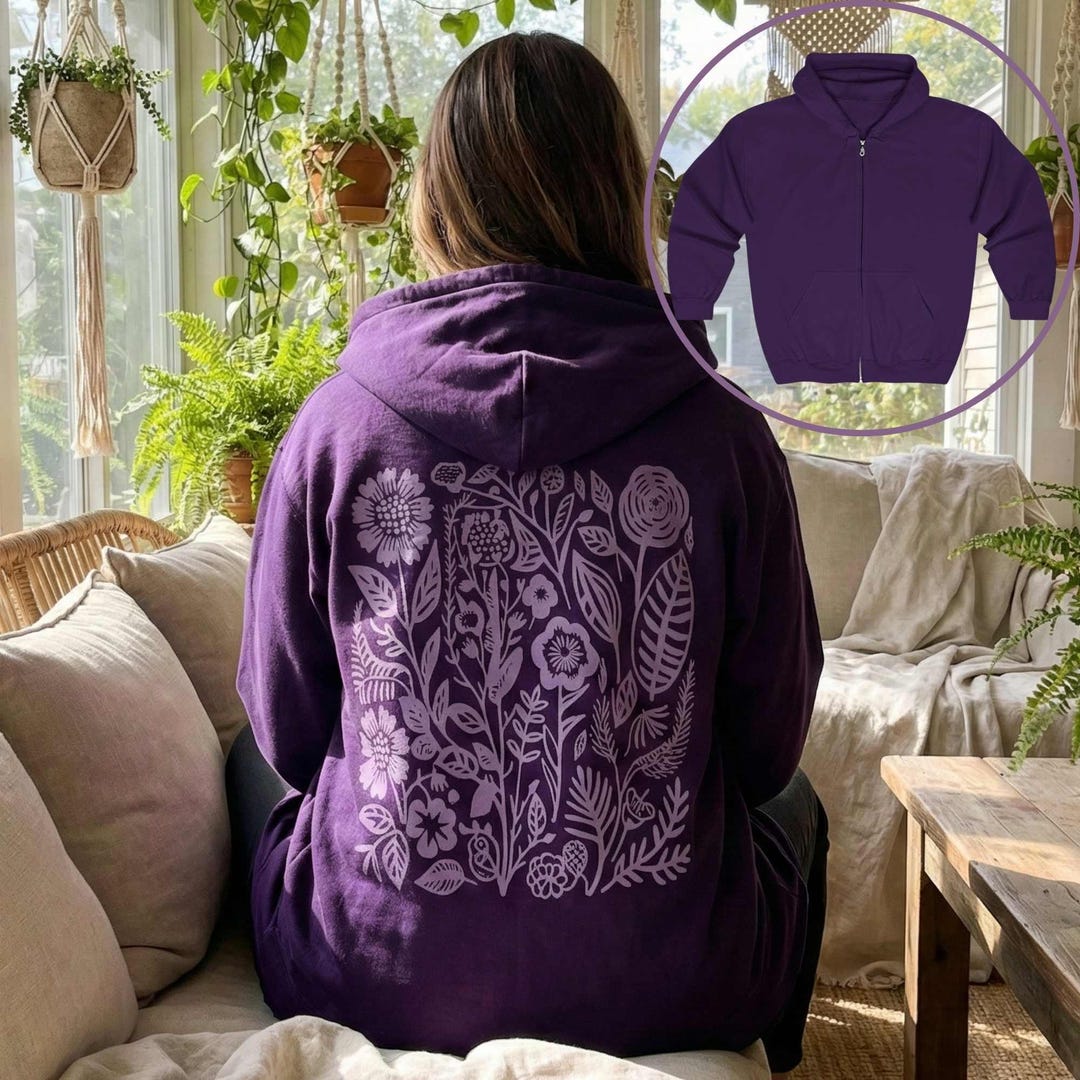 Purple Wildflower Zip up Hoodie | Folk Art Full Zipper Hooded ...