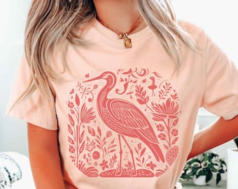 Great Blue Heron Shirt, Linocut Folk Art Bird Tee