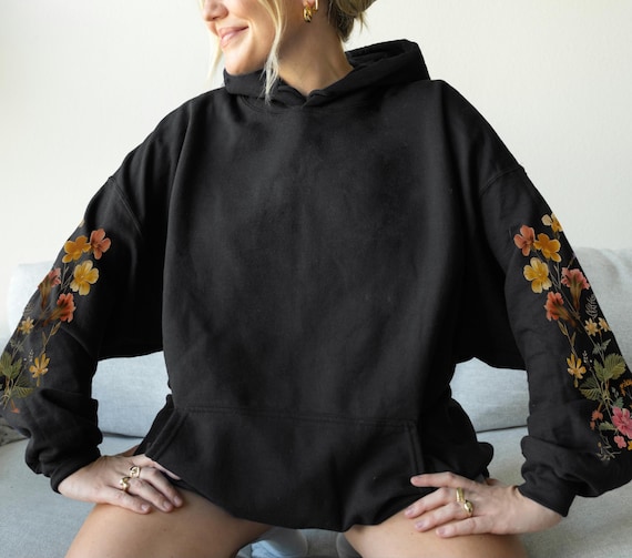 Vintage Flower Hoodie: Sleeve Design Nature Graphic Hoodie