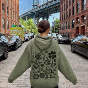 Floral Hoodie Oversized Wildflowers Hoodie Brown Hoodie Pressed Flowers Hoodie Nature Hoodie Cottagecore Hoodie Forest Green Hoodie
