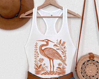 Heron Graphic Tank Top - Linocut Bird Print Racerback