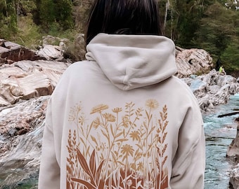 Wildflower Linocut Hoodie: Brown Naturecore Cottagecore Sweatshirt