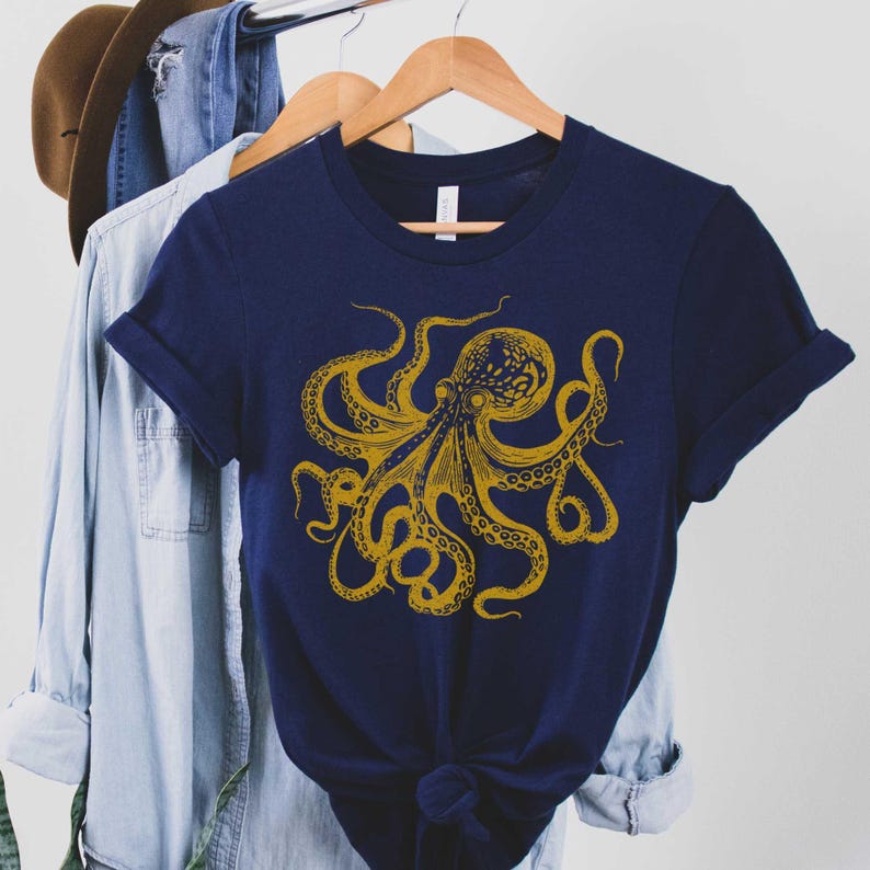 Vintage Octopus T-Shirt: Linocut Style Ocean Animal Tee Navy