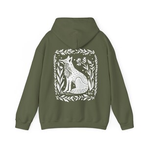 Fox Hoodie Goblincore Hoodie Folk Art Hoodie Forestcore Granola Girl Linocut Shirt Block Print Shirt Granola Girl Oversized Tween Girl Gifts Military Green