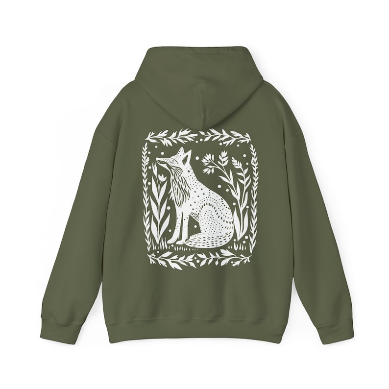 Fox Hoodie Goblincore Hoodie Folk Art Hoodie Forestcore Granola Girl Linocut Shirt Block Print Shirt Granola Girl Oversized Tween Girl Gifts Military Green