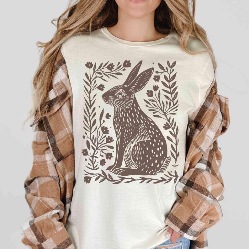 Folk Art Rabbit Shirt Rabbit Sweater Hygge Shirt Naturecore Bunny Sweater Year Of The Rabbit Rabbit Clothes Linocut Shirt Granola Girl Natural