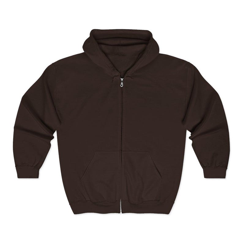 May include: A dark brown zip-up hoodie with a hood and front pockets. The hoodie has a full-length zipper and is made of a soft, comfortable material. The hoodie is a versatile piece of apparel for casual wear.