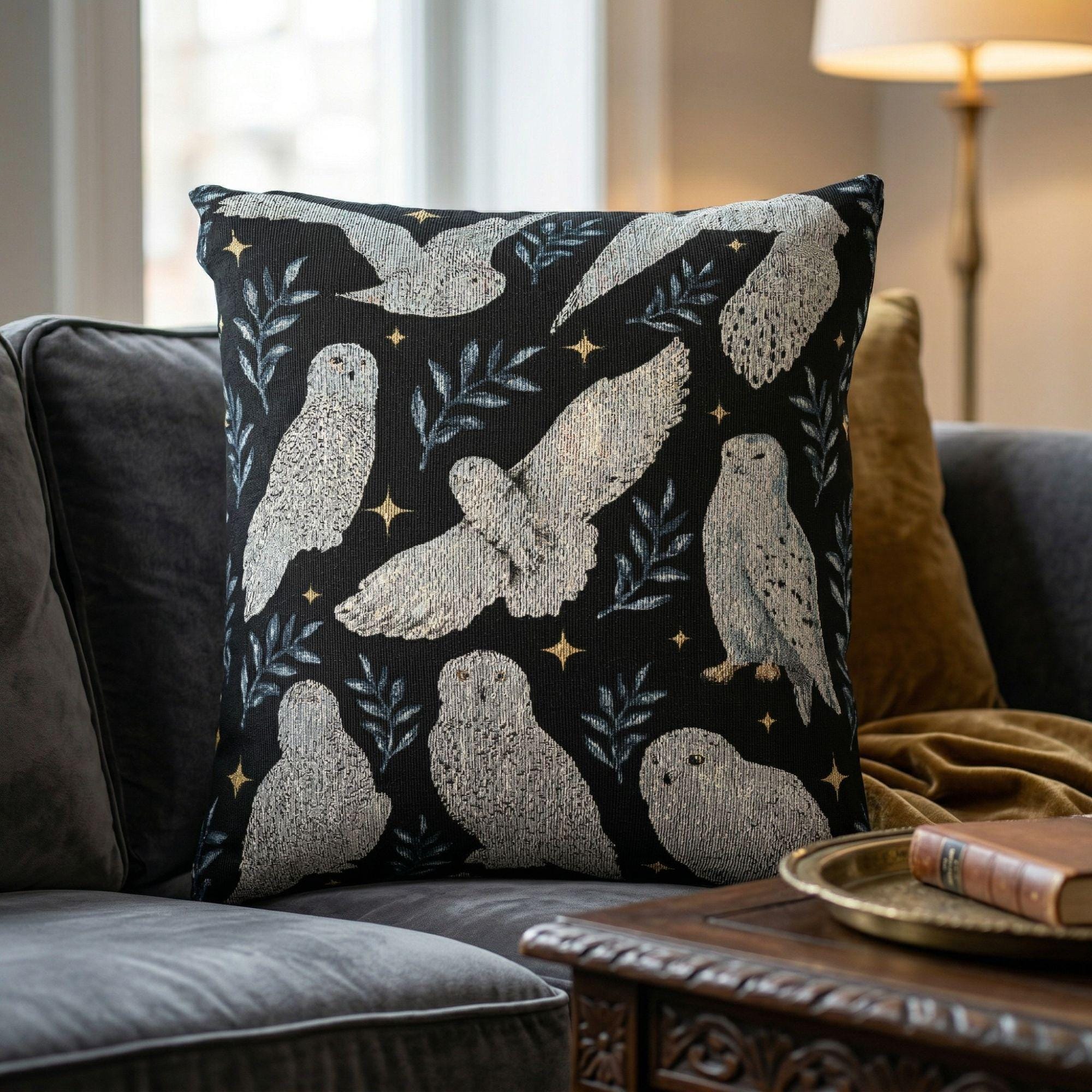 Flying Snowy Owls Woven Tapestry Throw Pillow