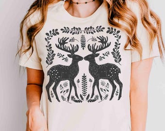 Cottagecore Hirsch-Shirt: Volkskunst-Rentier-T-Shirt