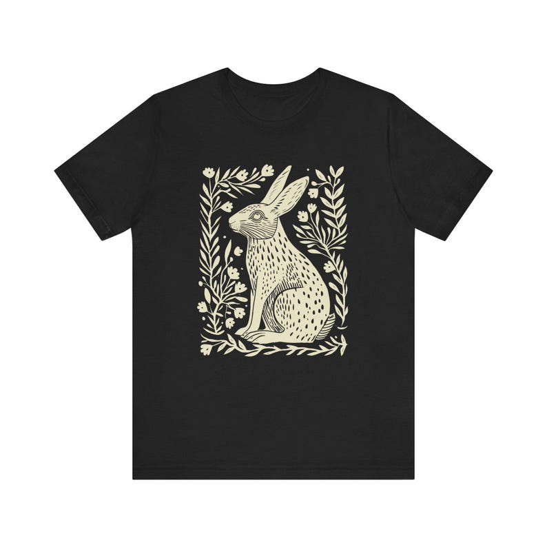 Folk Art Rabbit Shirt Rabbit Sweater Hygge Shirt Naturecore Bunny Sweater Year Of The Rabbit Rabbit Clothes Linocut Shirt Granola Girl Black