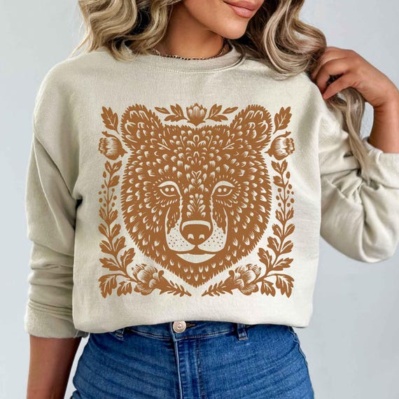 Floral Bear Sweatshirt, Cottagecore Nature Crewneck