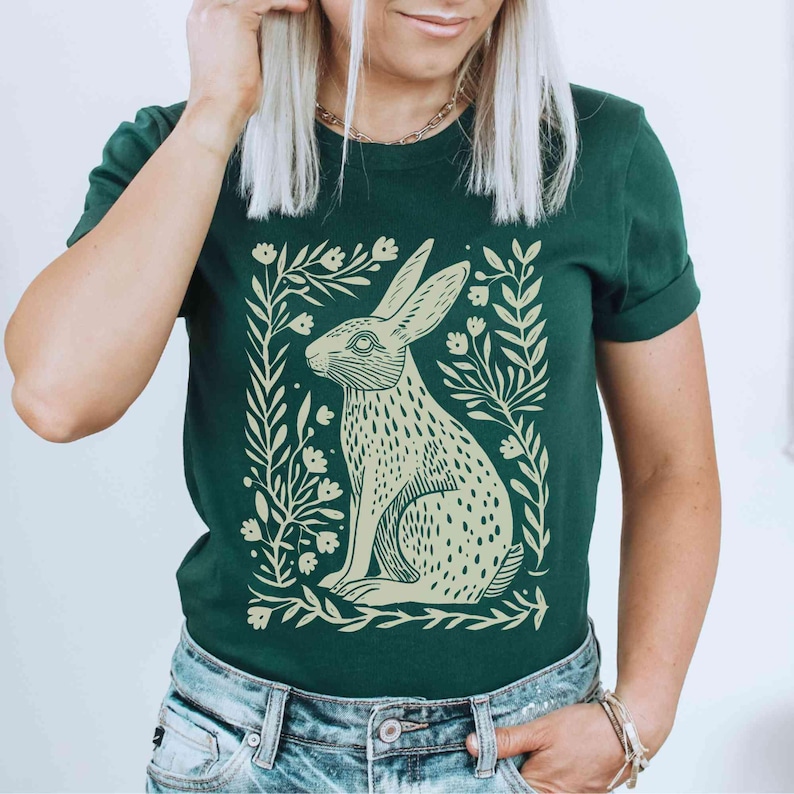 Folk Art Rabbit Shirt Rabbit Sweater Hygge Shirt Naturecore Bunny Sweater Year Of The Rabbit Rabbit Clothes Linocut Shirt Granola Girl Forest