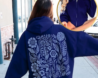 Blue Wildflower Zip Up Hoodie - Floral Cottagecore
