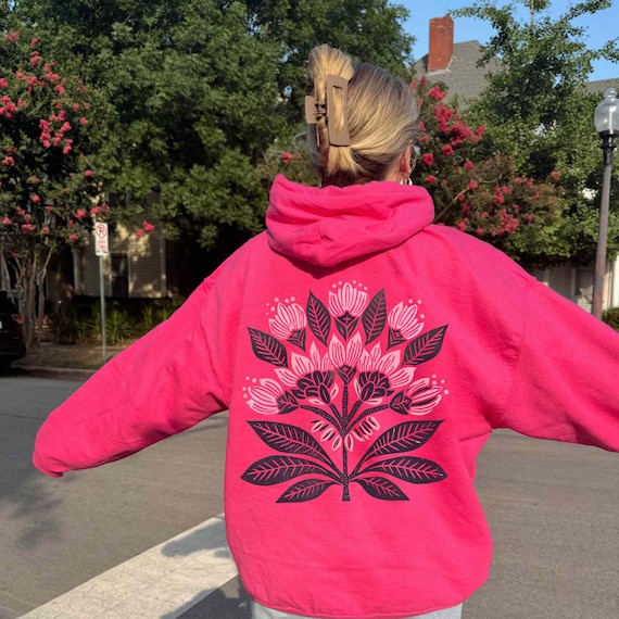 Boho Flower Hoodie: Women's Graphic Linocut Style Sweatshirt