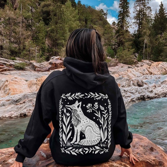 Fox Hoodie Goblincore Hoodie Folk Art Hoodie Forestcore Granola Girl Linocut Shirt Block Print Shirt Granola Girl Oversized Tween Girl Gifts