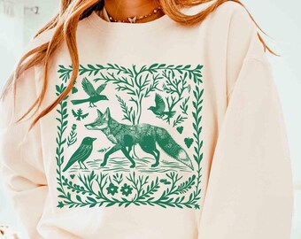 Fox Art Sweatshirt, Comfort Colors Block Print Forestcore Shirt
