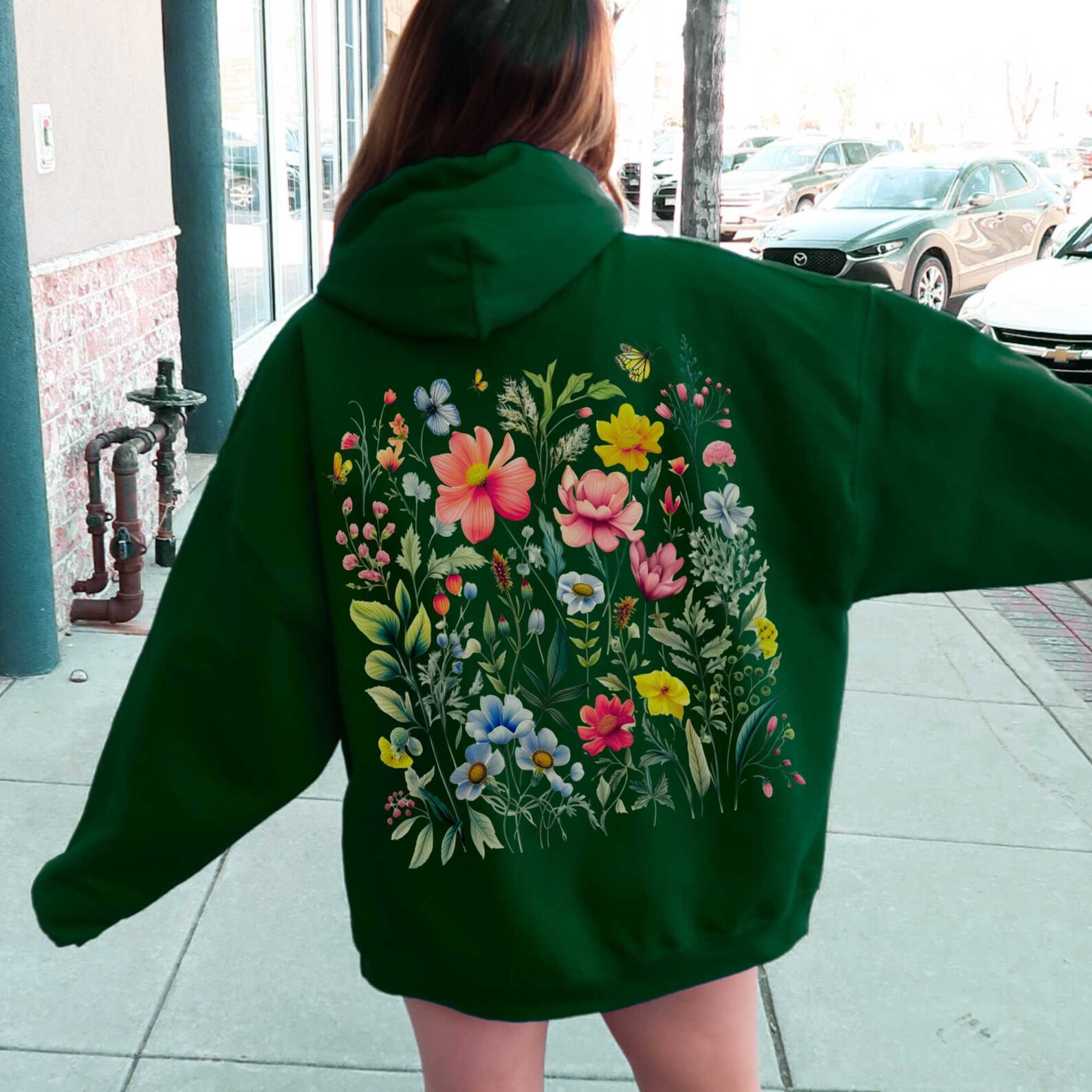 Wildflower Graphic Hoodie: Dark Green Oversized Floral Sweatshirt - Etsy