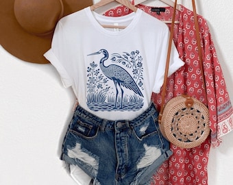 Blauwe reiger shirt linosnede shirt blauwe reiger vogel minnaar shirt hippie kleding muesli meisje cadeau antieke volkskunst volière cadeau