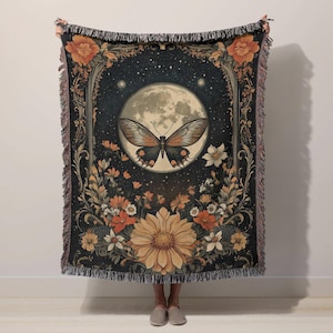 Moth Woven Blanket Victorian Goth Decor Whimsigoth Decor Celestial Blanket Woven Wall Hanging Woven Blanket Large Wall Tapestry Witchy Decor