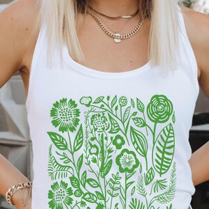 Sage Green Floral Tank Top: Boho Cottagecore Wildflower Print Solid White