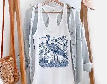 Blue Heron Linocut Tank Top - Avian Folk Art Racerback