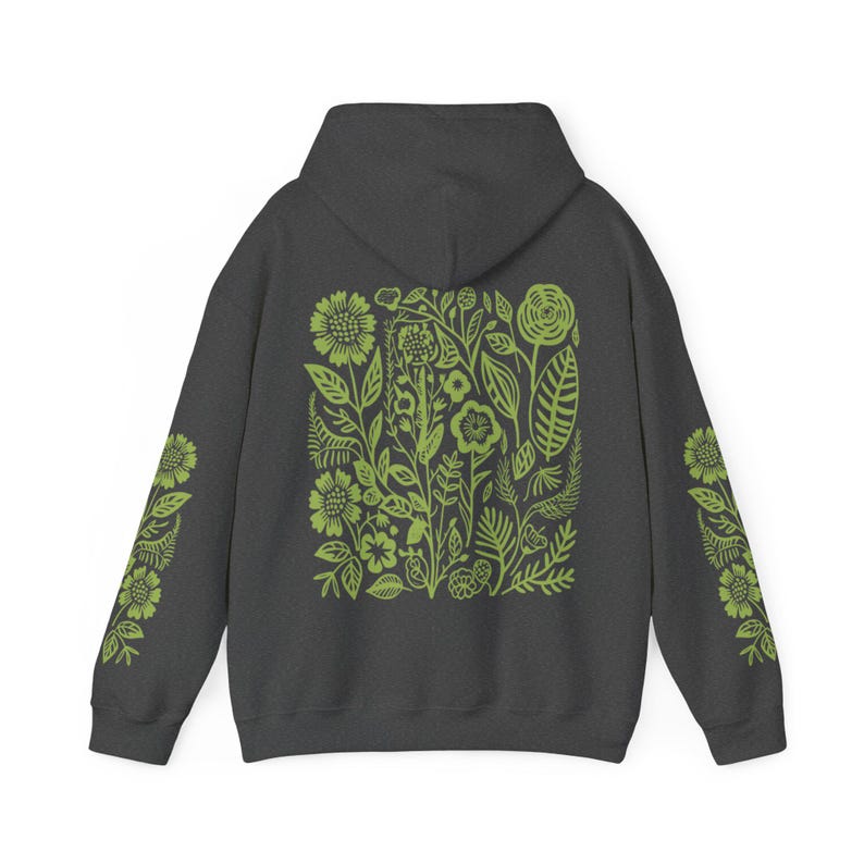 Sudadera con capucha verde con estampado de flores silvestres / Estampado en la manga / Ropa Forestcore / Regalos para chicas adolescentes Dark Heather
