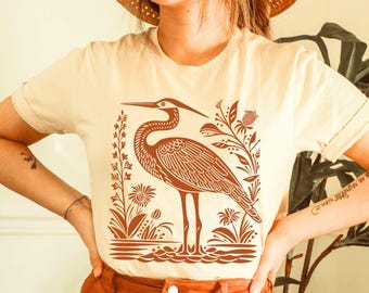 Shirt reiger linosnede shirt blauwe reiger vogelliefhebber shirt hippie kleding muesli meisje antieke volkskunst volière cadeau blok print shirt