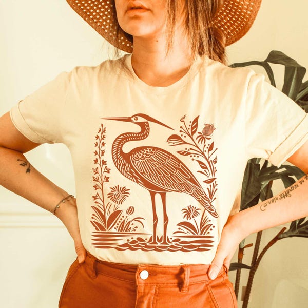Overhemd in linosnedestijl met reiger | T-shirt Blue Heron Bird Lover