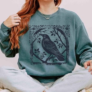 Raven Sweatshirt Bird Sweatshirt Comfortcolors Crewneck Crowcore Linocut Shirt Block Print Shirt Granola Girl Birder Gift Gothic Clothes Blue Spruce