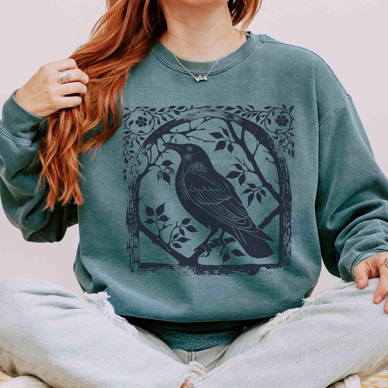 Raven Sweatshirt Bird Sweatshirt Comfortcolors Crewneck Crowcore Linocut Shirt Block Print Shirt Granola Girl Birder Gift Gothic Clothes Blue Spruce