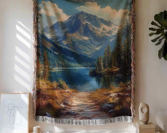 Mountain Woven Blanket: Lake House Decor, Cotton Throw, USA Made