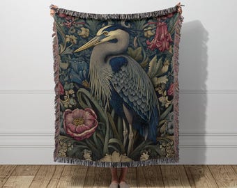 William Morris Heron Woven Cotton Blanket: Cottagecore Nature Tapestry