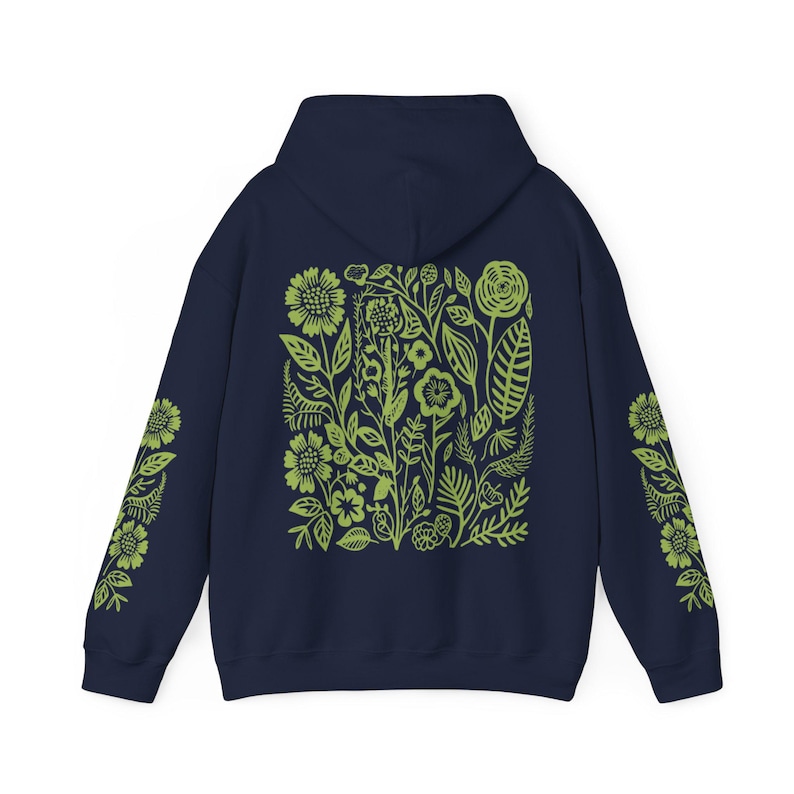 Sudadera con capucha verde con estampado de flores silvestres / Estampado en la manga / Ropa Forestcore / Regalos para chicas adolescentes Navy