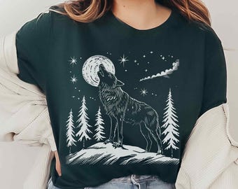Wolf Shirt, Line Art Style Nature Graphic Tee