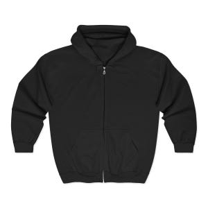 May include: A black zip-up hoodie with a hood and a kangaroo pocket. The hoodie is made of a soft material and has a full-length zipper. The sleeves are long, and the overall design is simple and classic.