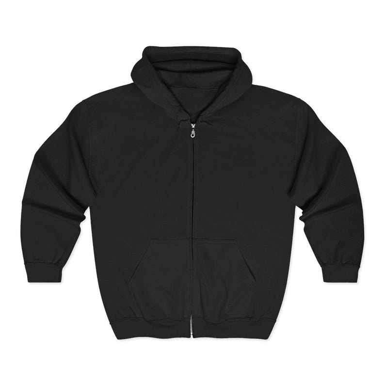 May include: A black zip-up hoodie with a hood and a kangaroo pocket. The hoodie is made of a soft material and has a full-length zipper. The sleeves are long, and the overall design is simple and classic.