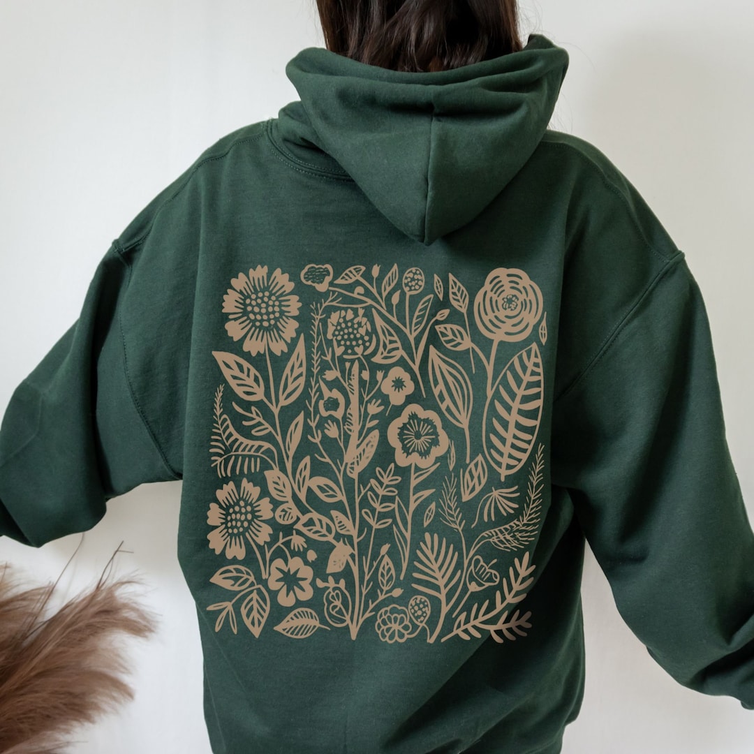 Forest Green Floral Hoodie: Cottagecore Wildflower Sweatshirt - Etsy