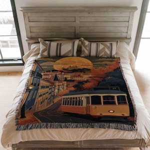 Lisbon Travel Gift Portugal Woven Blanket Anniversary Gift Woven Blanket Large Wall Tapestry Woven Throw Blanket Portugese Art Tapestry