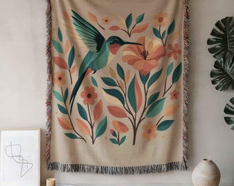 Hummingbird Woven Cotton Blanket: Cottagecore Throw, Wall Tapestry