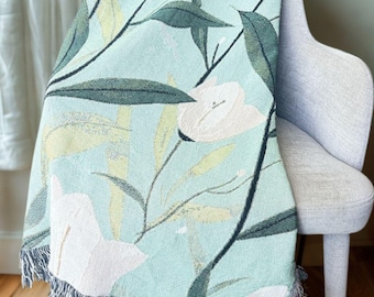Sage Green Floral Woven Blanket: 100% Cotton Throw, USA Made