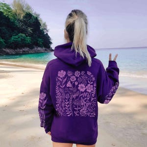 Purple Wildflower Hoodie Sleeve Design Flower Hoodie Cute Womens Oversized Hoodie Purple Hoodie Plant Hoodie Granola Girl Aesthetic Hoodies
