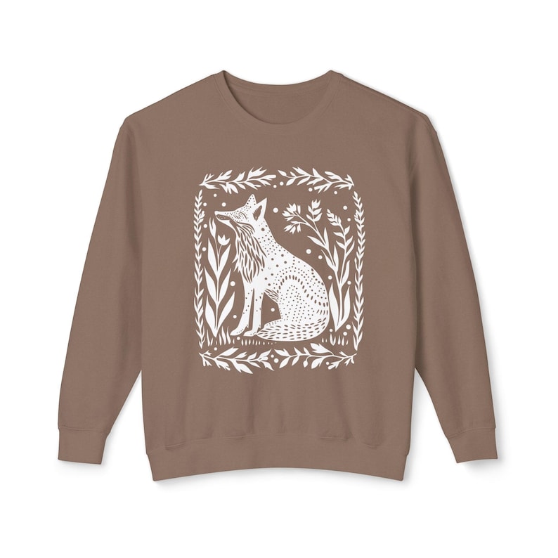 Fox Sweatshirt Linocut Shirt Block Print Shirt Fox Hoodie Comfortcolors Sweatshirt Folk Art Forestcore Granola Girl Tween Girl Gifts Espresso